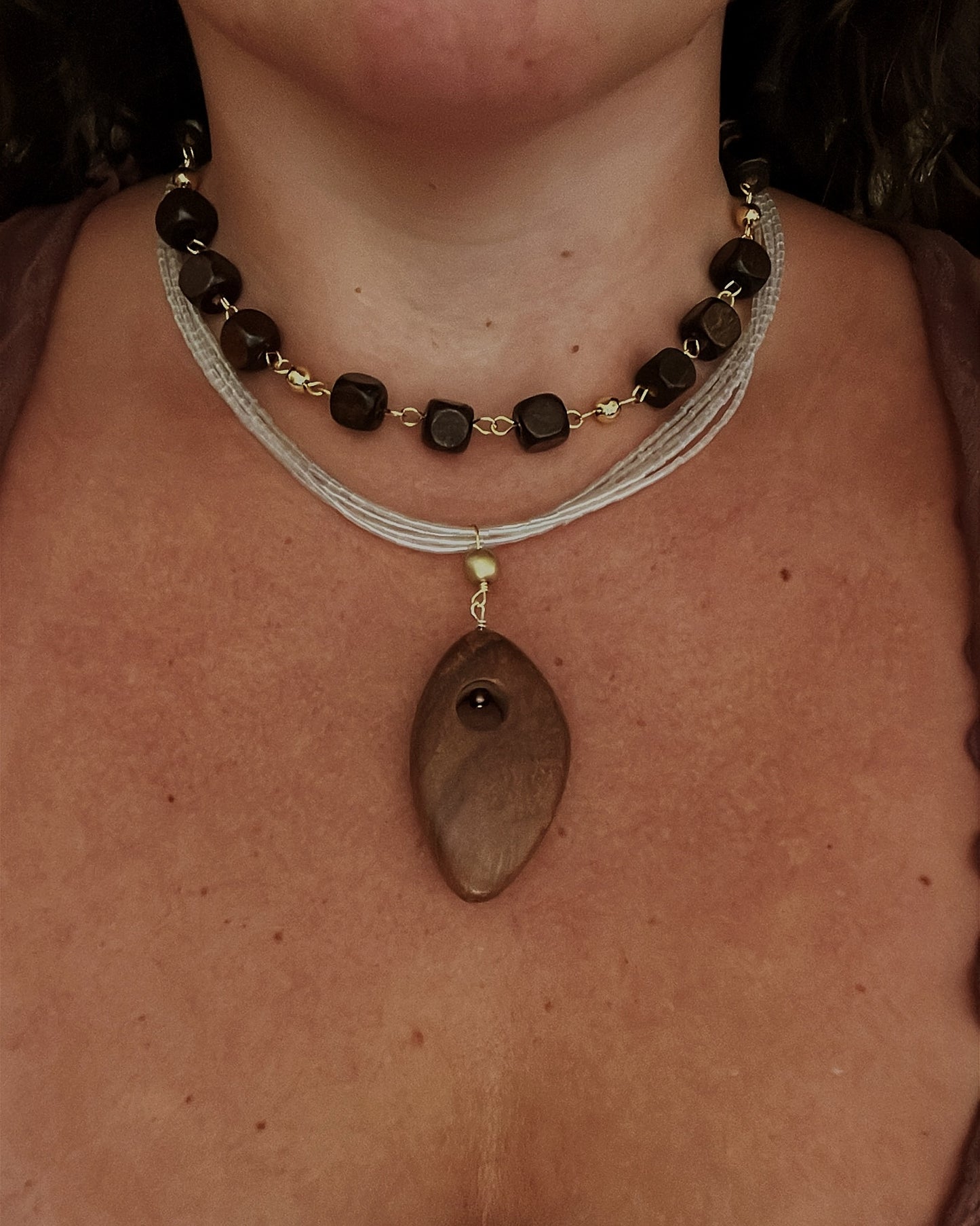 Multi strand wood pendant necklace