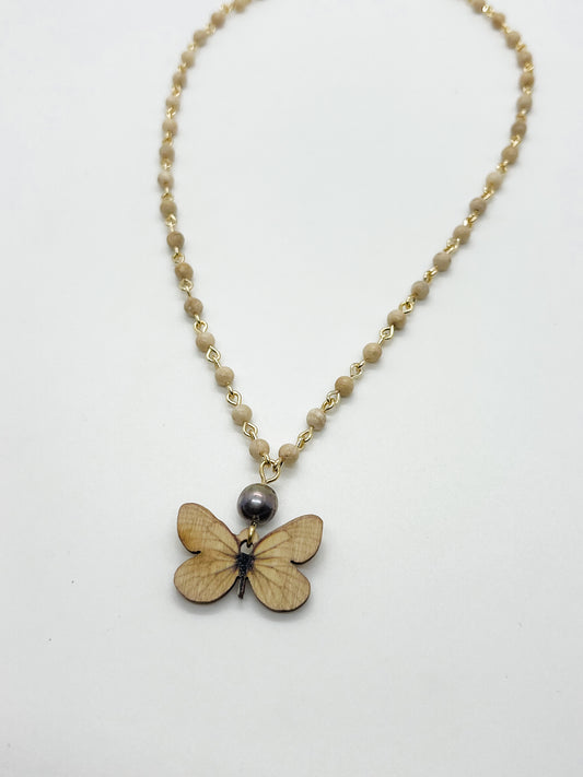 Pearl & wooden butterfly necklace