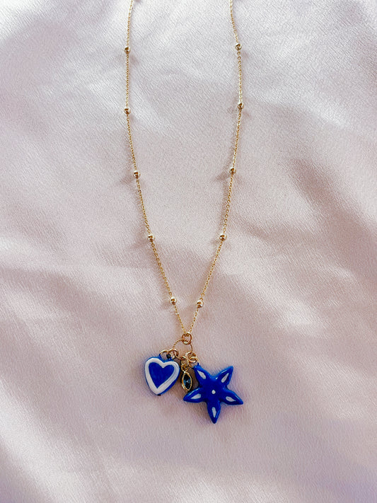 Blue flower & heart necklace